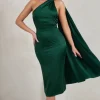 Madame | Bottle Green Satin Asymmetric Scarf Neck Backless Midi Dress