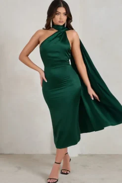 Madame | Bottle Green Satin Asymmetric Scarf Neck Backless Midi Dress