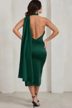 Madame | Bottle Green Satin Asymmetric Scarf Neck Backless Midi Dress