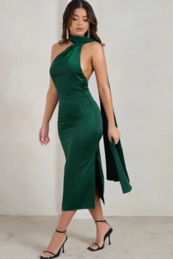 Madame | Bottle Green Satin Asymmetric Scarf Neck Backless Midi Dress