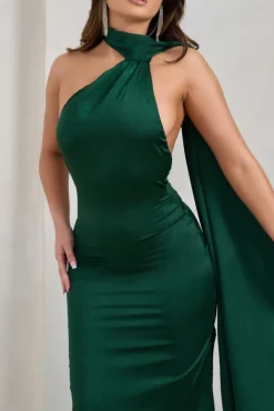 Madame | Bottle Green Satin Asymmetric Scarf Neck Backless Midi Dress