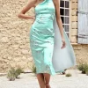 Madame | Mint Green Floral Print Satin Asymmetric Scarf Neck Backless Midi Dress