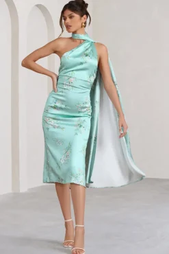 Madame | Mint Green Floral Print Satin Asymmetric Scarf Neck Backless Midi Dress