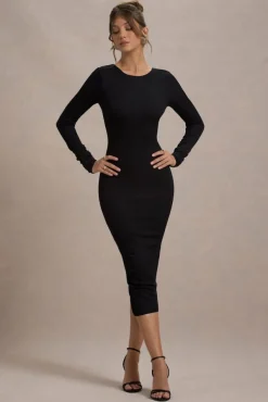 Madden | Black Rib Knit Cowl-Back Midi Dress