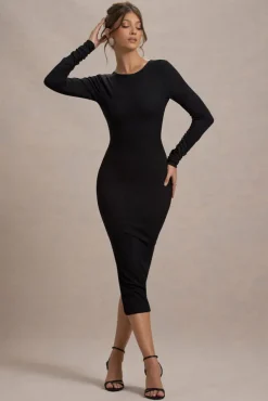 Madden | Black Rib Knit Cowl-Back Midi Dress