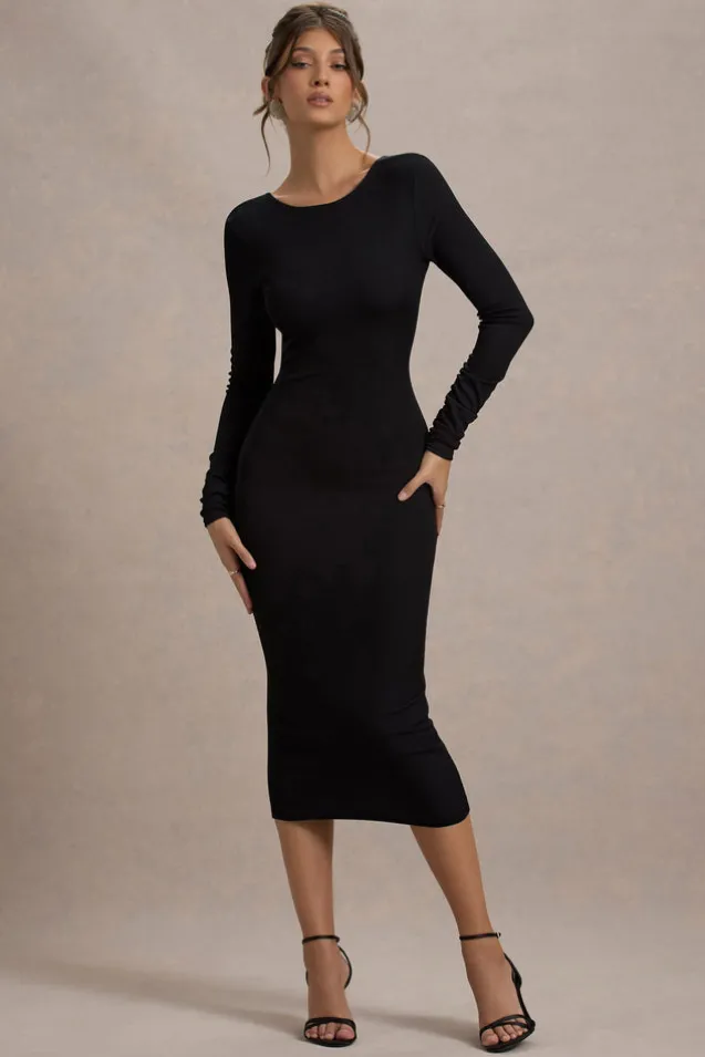 Madden | Black Rib Knit Cowl-Back Midi Dress