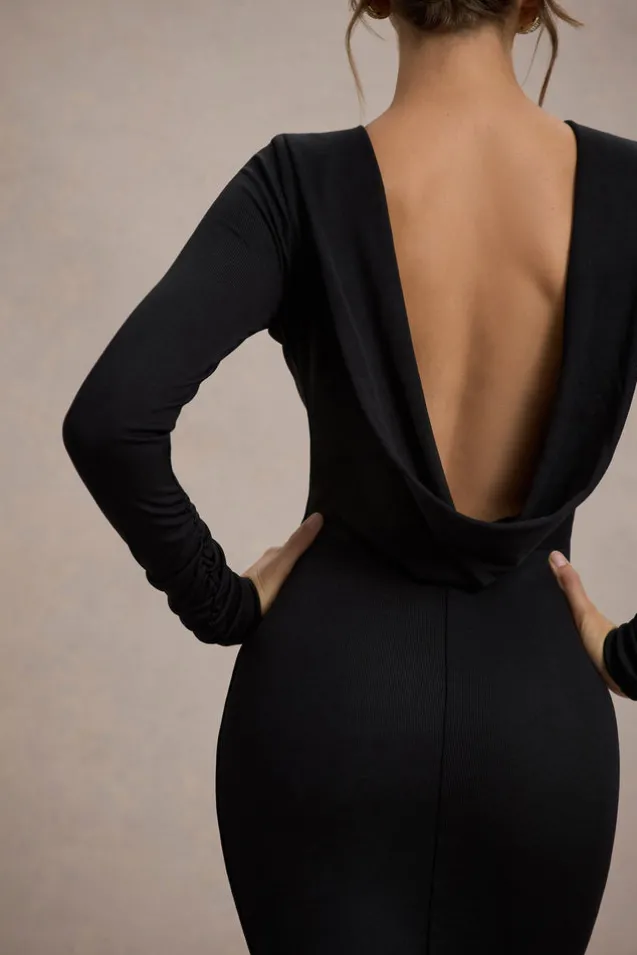 Madden | Black Rib Knit Cowl-Back Midi Dress