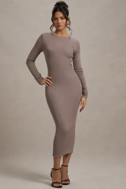 Madden | Taupe Rib Knit Cowl-Back Midi Dress