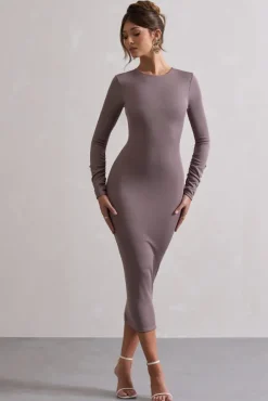 Madden | Taupe Rib Knit Cowl-Back Midi Dress