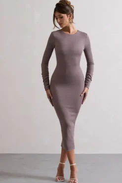 Madden | Taupe Rib Knit Cowl-Back Midi Dress