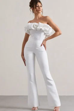 Maddox | White Strapless Ruffled Flared-Leg Jumpsuit