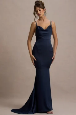 Made With Love | Navy Satin Strappy Fishtail Maxi Dress
