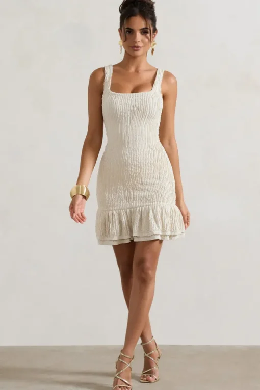 Madeira | Ecru Crochet Square-Neck Mini Dress With Ruffle Trim
