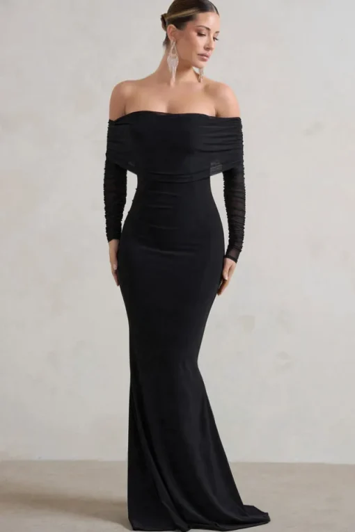 Madeleine | Black Fishtail Maxi Dress With Bardot Mesh Long Sleeves