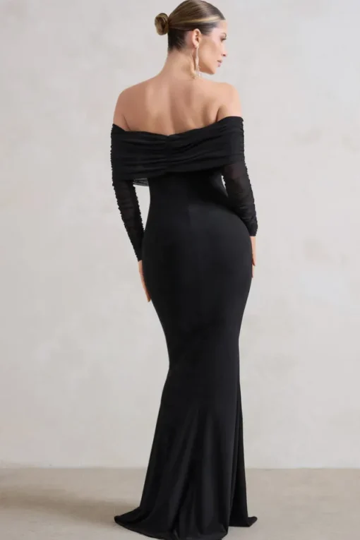 Madeleine | Black Fishtail Maxi Dress With Bardot Mesh Long Sleeves