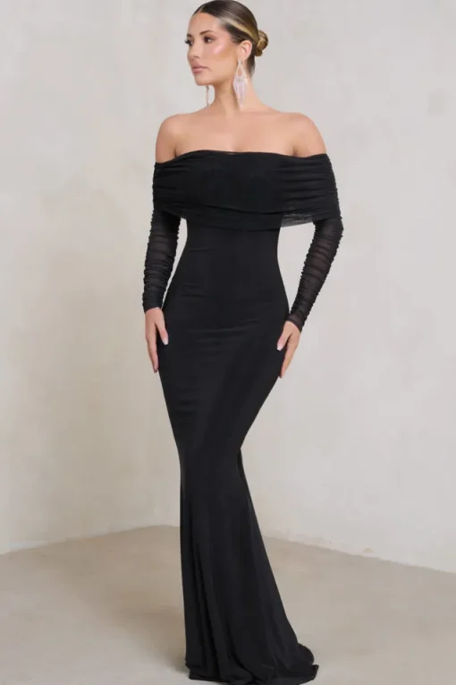Madeleine | Black Fishtail Maxi Dress With Bardot Mesh Long Sleeves