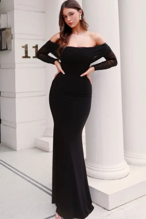 Madeleine | Black Fishtail Maxi Dress With Bardot Mesh Long Sleeves