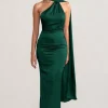 Mademoiselle | Bottle Green Satin Asymmetric Scarf Neck Backless Maxi Dress