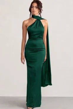 Mademoiselle | Bottle Green Satin Asymmetric Scarf Neck Backless Maxi Dress