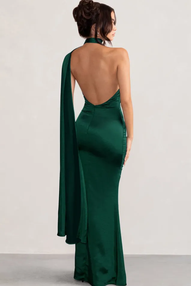 Mademoiselle | Bottle Green Satin Asymmetric Scarf Neck Backless Maxi Dress
