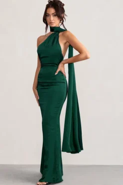 Mademoiselle | Bottle Green Satin Asymmetric Scarf Neck Backless Maxi Dress