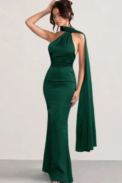 Mademoiselle | Bottle Green Satin Asymmetric Scarf Neck Backless Maxi Dress