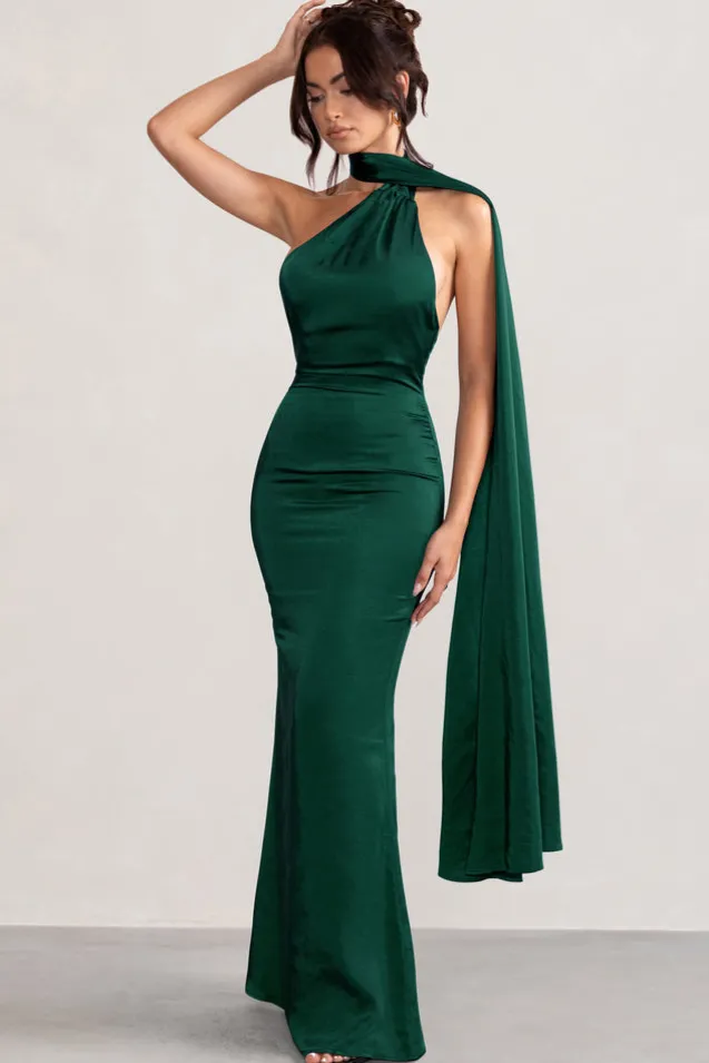Mademoiselle | Bottle Green Satin Asymmetric Scarf Neck Backless Maxi Dress