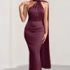 Mademoiselle | Burgundy Satin Asymmetric Scarf Neck Backless Maxi Dress