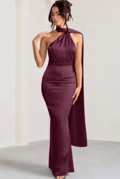 Mademoiselle | Burgundy Satin Asymmetric Scarf Neck Backless Maxi Dress