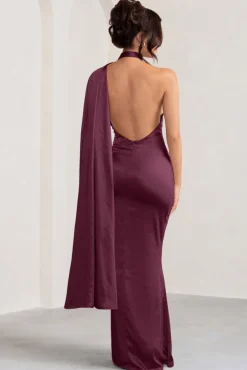 Mademoiselle | Burgundy Satin Asymmetric Scarf Neck Backless Maxi Dress