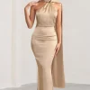 Mademoiselle | Champagne Satin Asymmetric Scarf Neck Backless Maxi Dress
