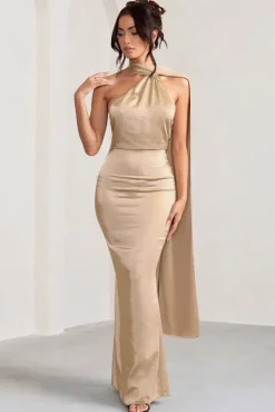 Mademoiselle | Champagne Satin Asymmetric Scarf Neck Backless Maxi Dress