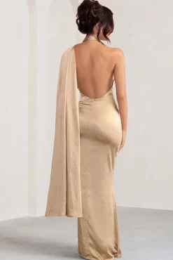 Mademoiselle | Champagne Satin Asymmetric Scarf Neck Backless Maxi Dress