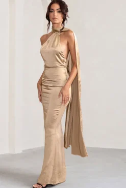Mademoiselle | Champagne Satin Asymmetric Scarf Neck Backless Maxi Dress