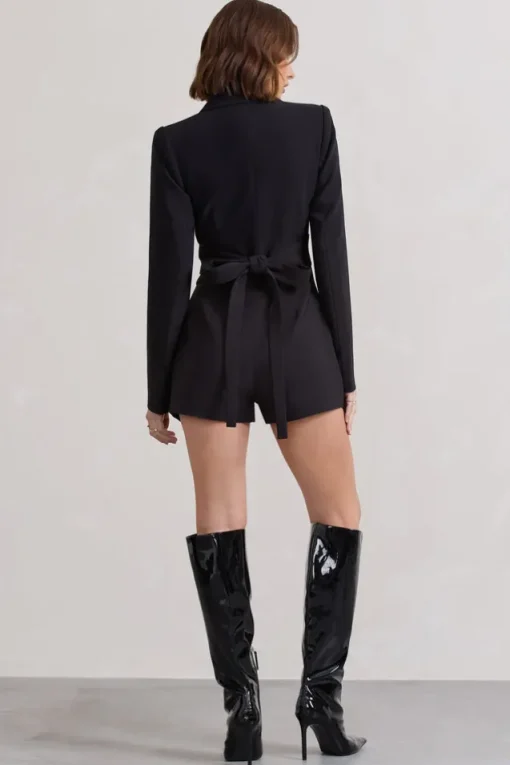 Madison | Black Plunge Tie Waist Tailored Playsuit