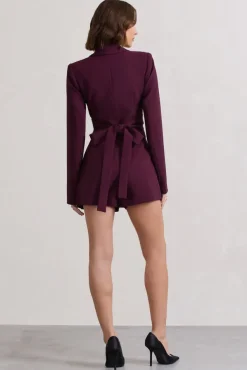 Madison | Plum Plunge Tie Waist Tailored Playsuit