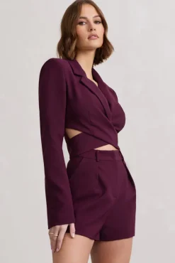 Madison | Plum Plunge Tie Waist Tailored Playsuit