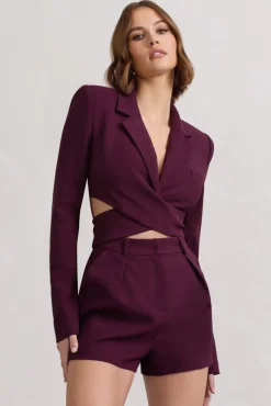 Madison | Plum Plunge Tie Waist Tailored Playsuit