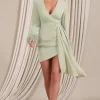Mae | Mint Wrap Mini Dress With Drape And Feather Cuffs
