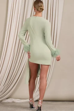 Mae | Mint Wrap Mini Dress With Drape And Feather Cuffs