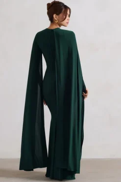 Magdelena | Bottle Green Asymmetric Cape Maxi Dress