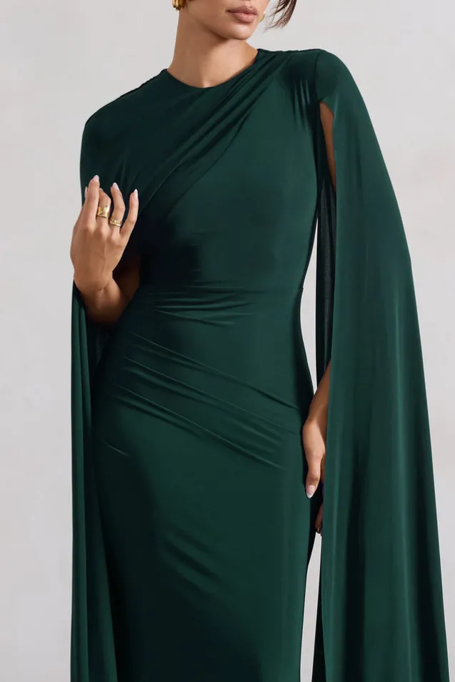 Magdelena | Bottle Green Asymmetric Cape Maxi Dress