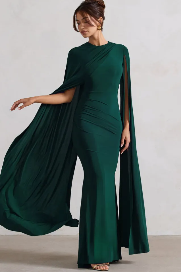 Magdelena | Bottle Green Asymmetric Cape Maxi Dress