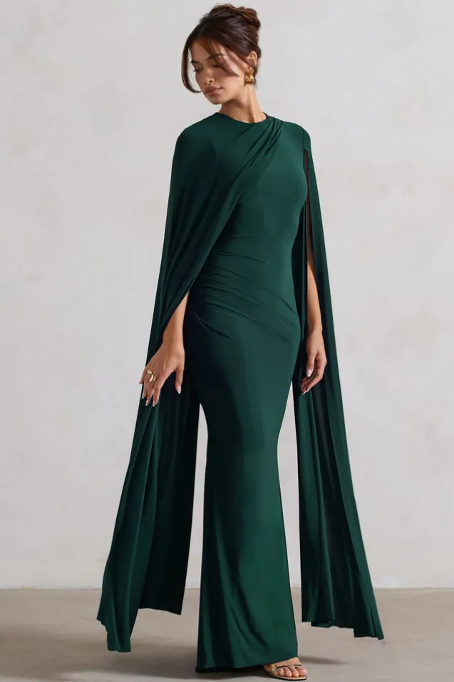 Magdelena | Bottle Green Asymmetric Cape Maxi Dress