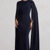 Magdelena | Navy Asymmetric Cape Maxi Dress