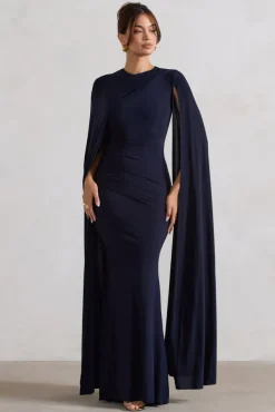 Magdelena | Navy Asymmetric Cape Maxi Dress