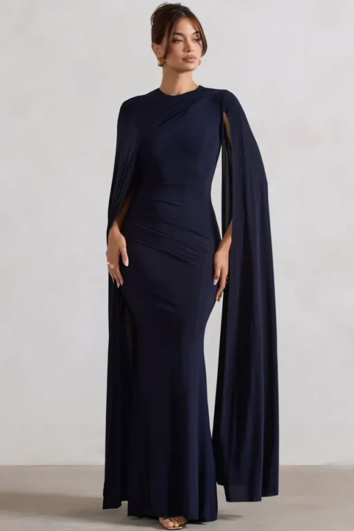 Magdelena | Navy Asymmetric Cape Maxi Dress