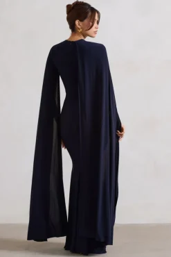 Magdelena | Navy Asymmetric Cape Maxi Dress