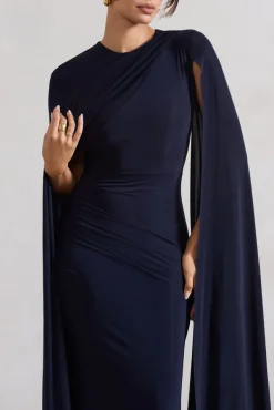 Magdelena | Navy Asymmetric Cape Maxi Dress