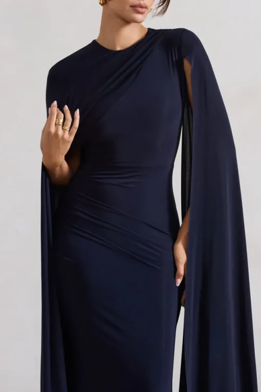 Magdelena | Navy Asymmetric Cape Maxi Dress